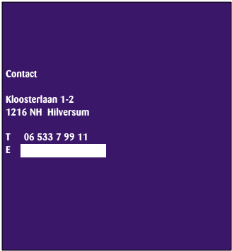 




Contact

Kloosterlaan 1-2
1216 NH  Hilversum

T     06 533 7 99 11
E    info@mpssupport.nl  